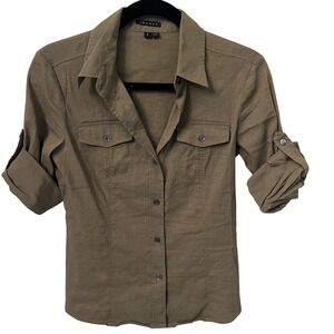 Theory Dulcie Linen Blend Roll Tab Utility Button Down Shirt Olive Green Small